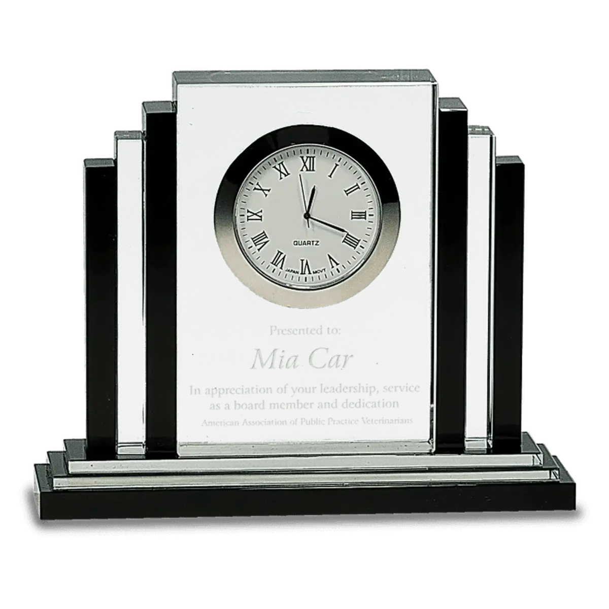 Laser Etched Crystal Desk Clocks – Personalized Awards, Gifts & Home Decor Rectangle Crystal Tower with Black Trim / Stepped Pedestal Base / 6" x 7 1/4"