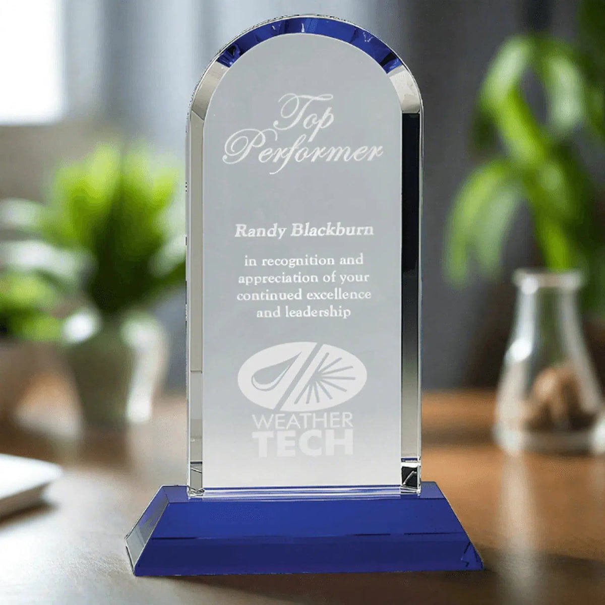 Clear Crystal Dome Award on Blue Pedestal Base - 5 3/4"(L) x 9 1/4"(H)