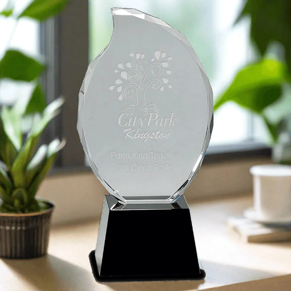 Clear Crystal Flame Award on Black Pedestal Base - 3 1/2" (L) x 9 1/4" (H) x 7/8" thick