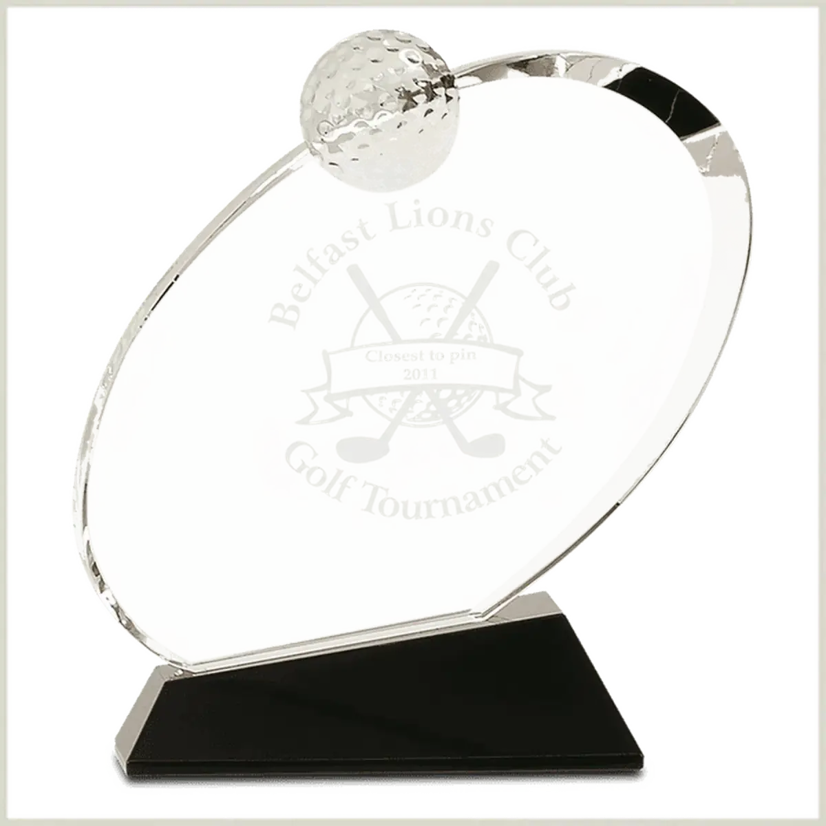 Crystal Golf Awards – Premium Recognition Trophies Crystal Oblong with Inset Golf Ball / 5 1/2"(W) x 6"(H) / Black