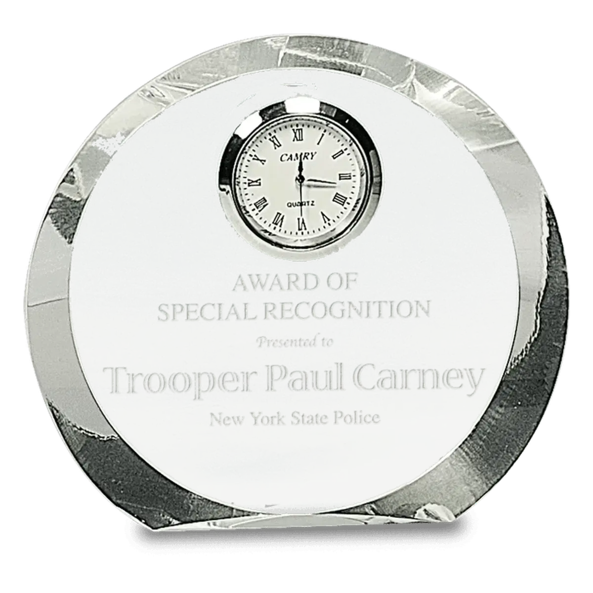 Laser Etched Crystal Desk Clocks – Personalized Awards, Gifts & Home Decor Clear Crystal Round with Silver Trim / Alarm Clock / 4 1/2"