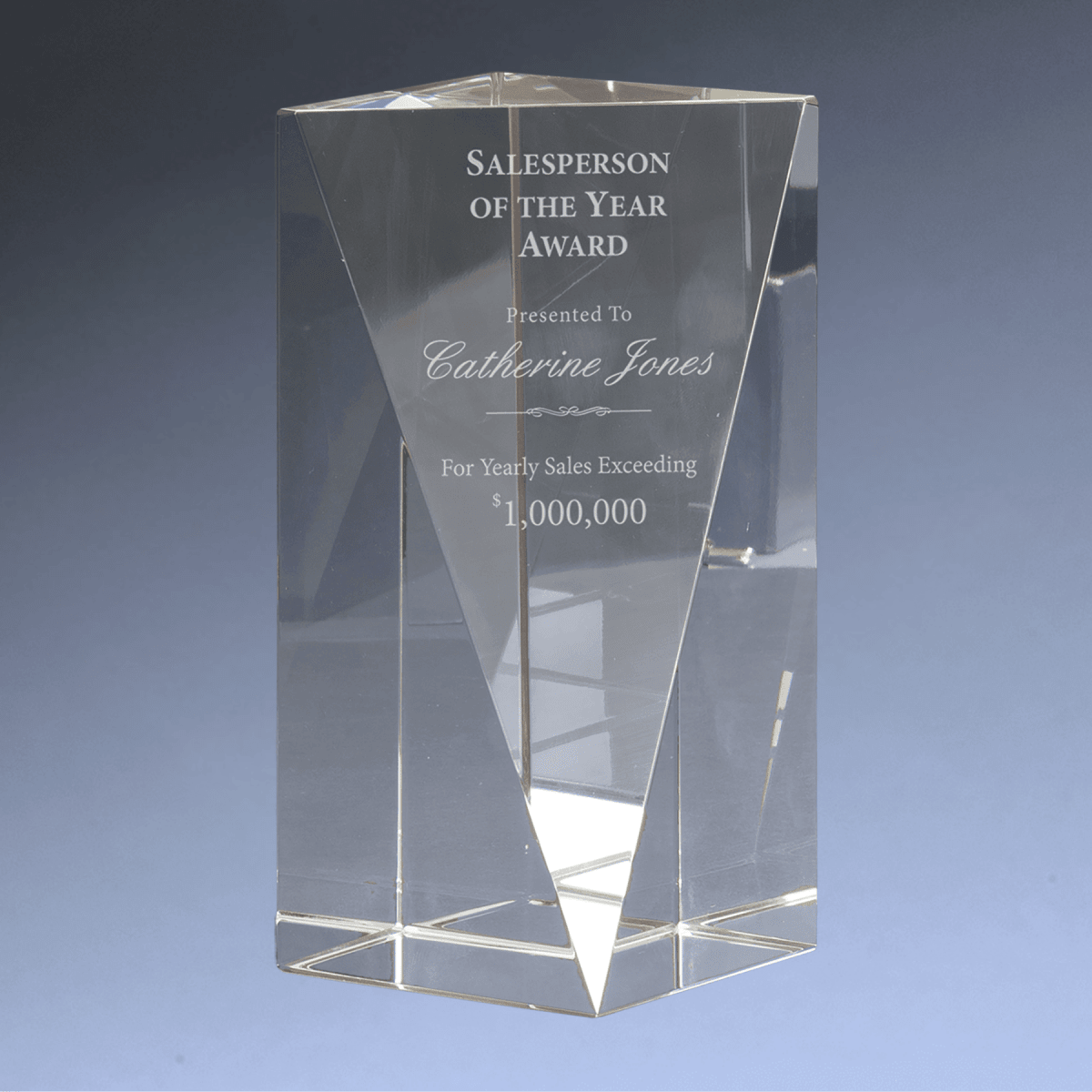 Clear Crystal Triangle Pillar Award with Custom Engraving - 6"