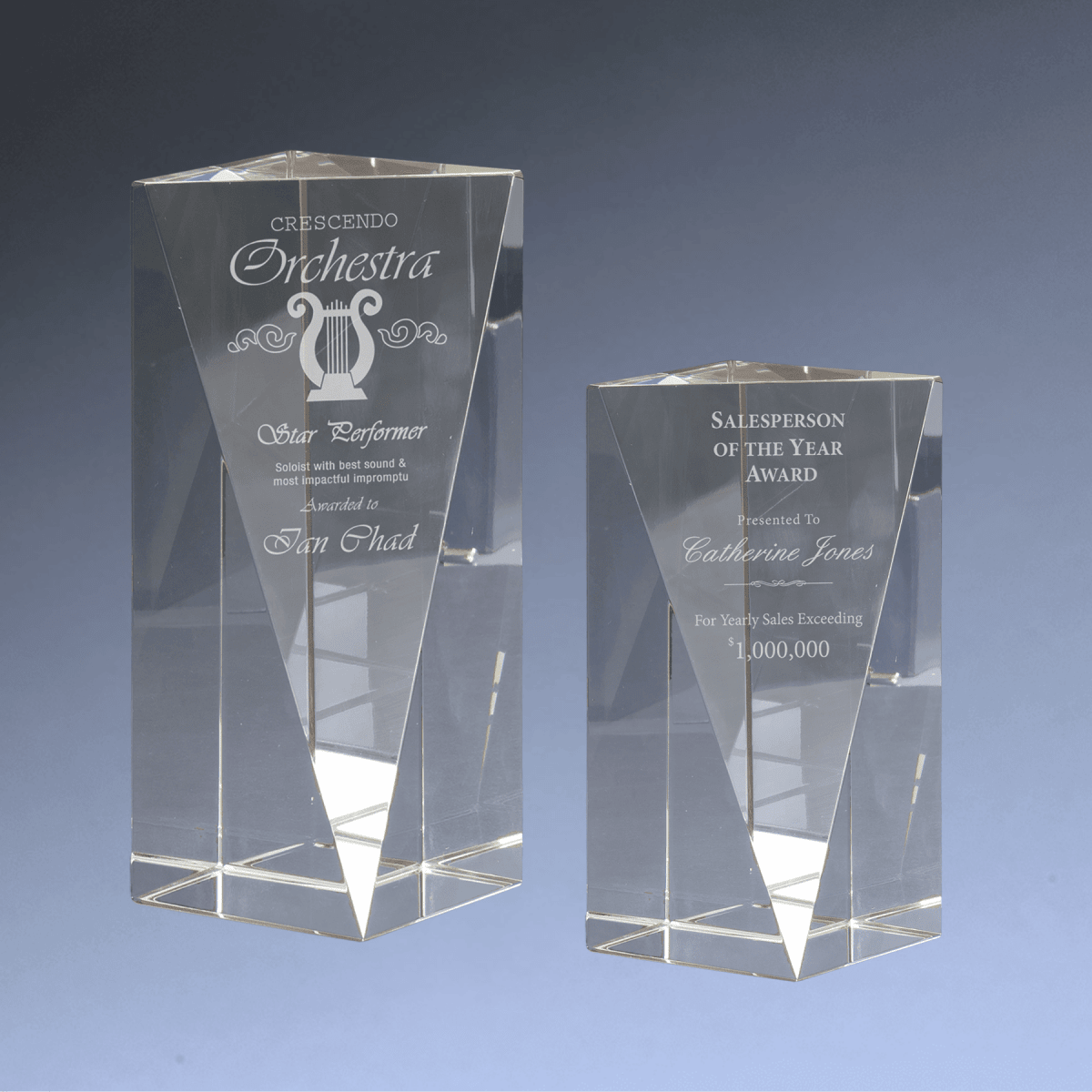 Clear Crystal Triangle Pillar Award with Custom Engraving - 6"