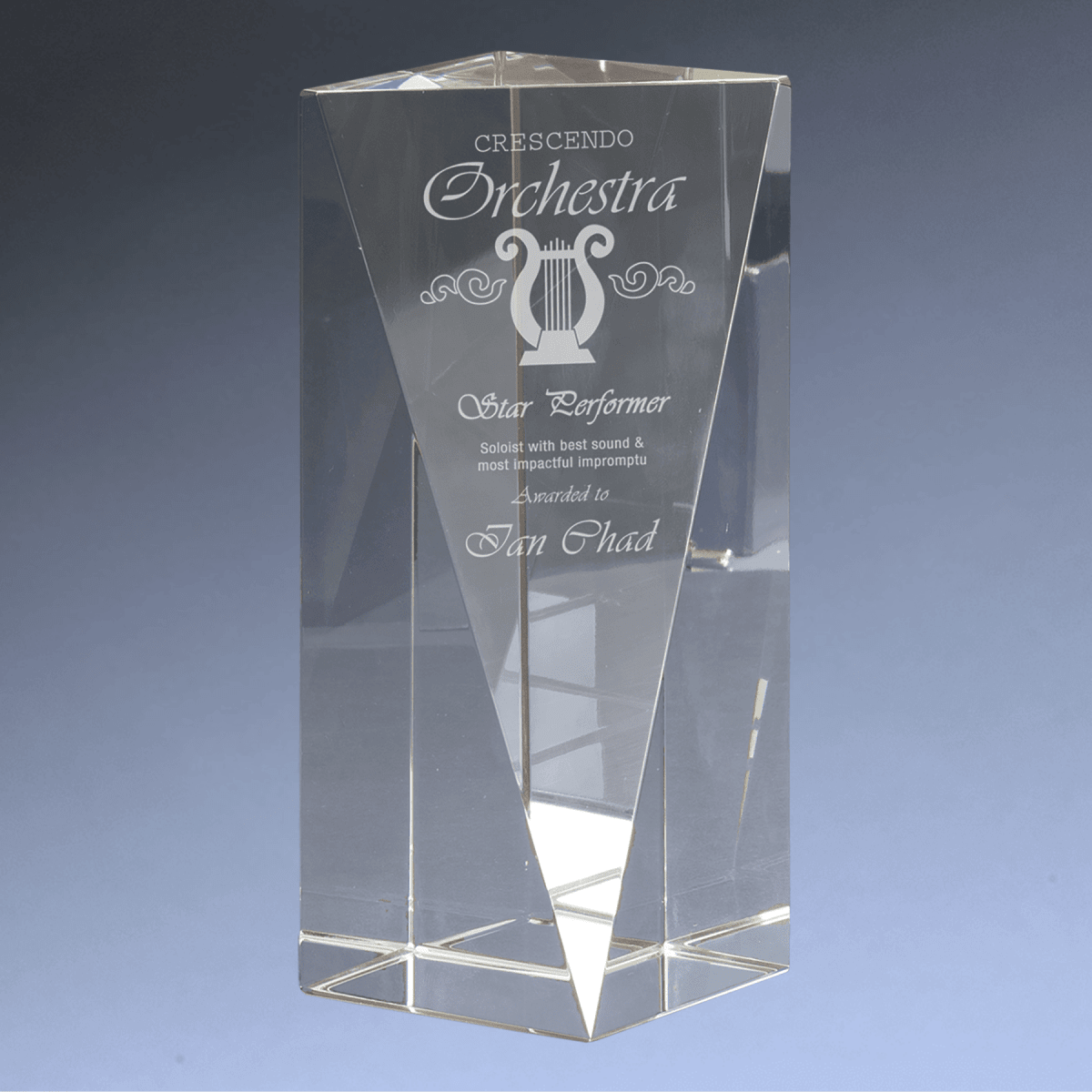 Clear Crystal Triangle Pillar Award with Custom Engraving - 7"