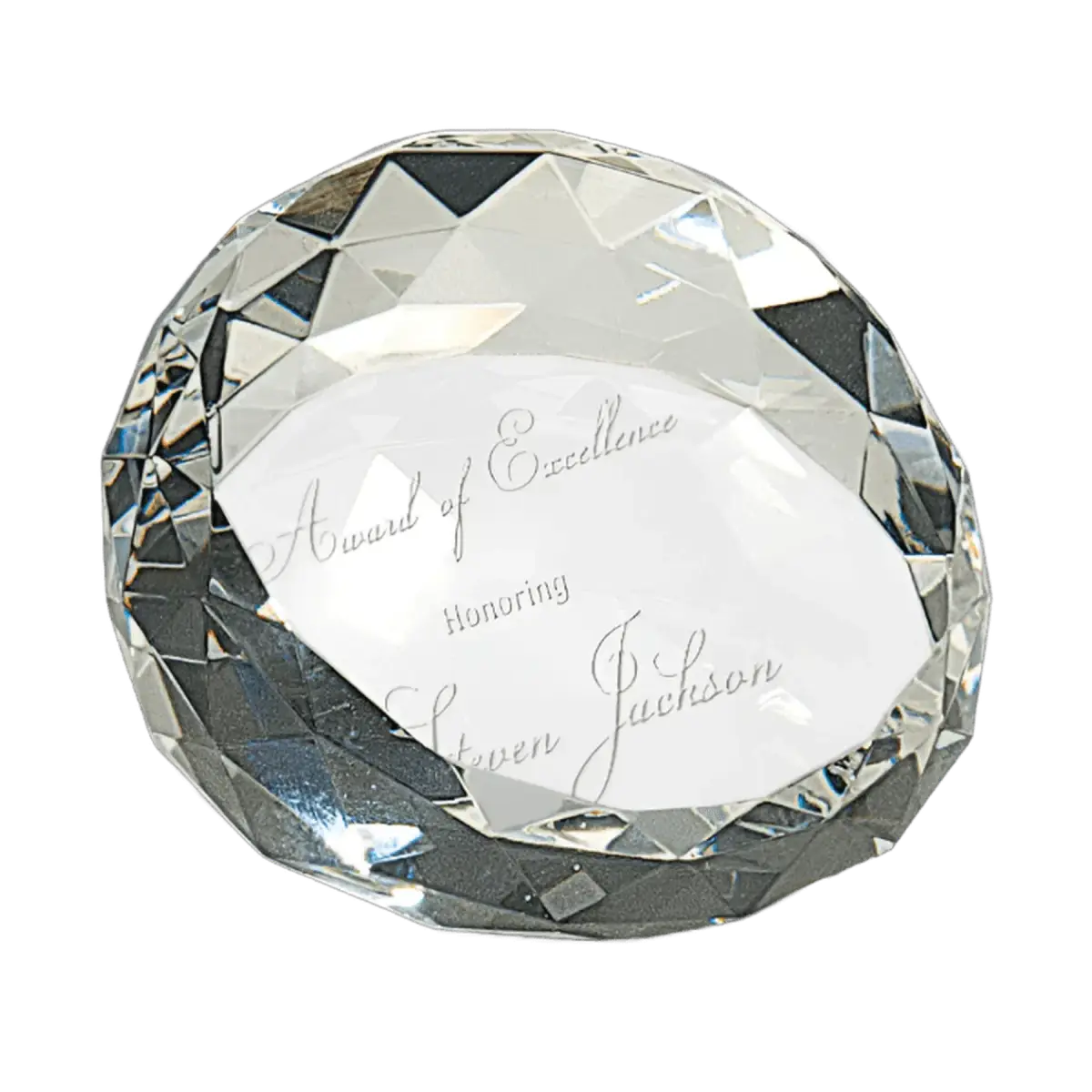 Personalized Crystal Paperweights with Frosted Etching Round Slant with Faceted Edge / 2 1/2" x 1 3/4"