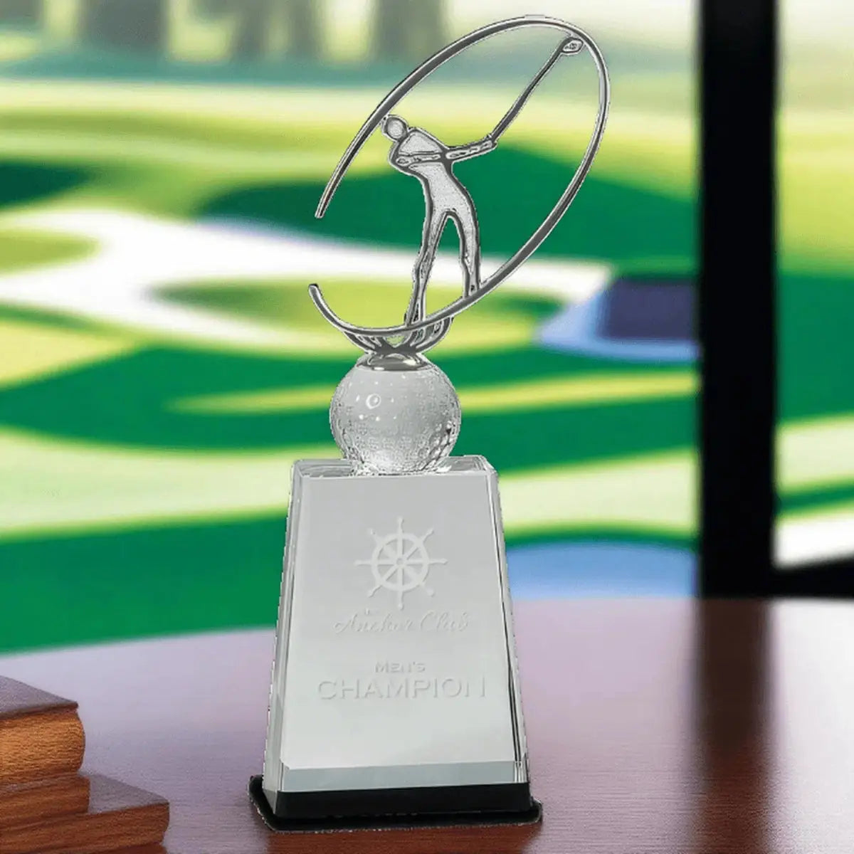 Clear/Black Crystal Golf Award with Silver Metal Figure 10"