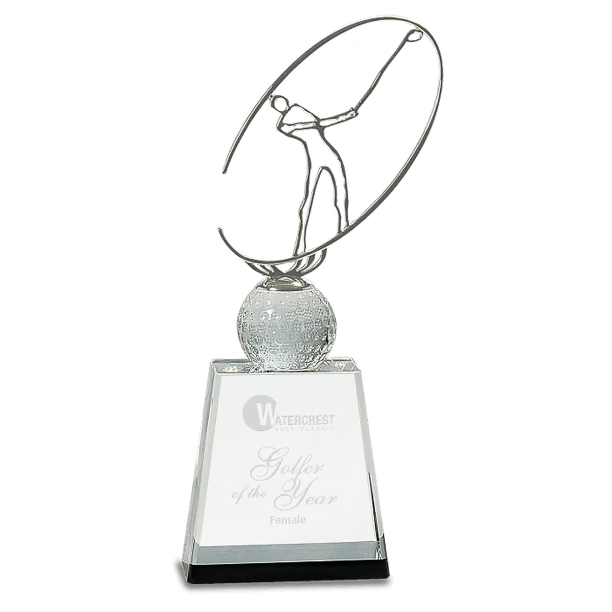 Crystal Golf Awards – Premium Recognition Trophies Silver Metal Oval Figure on Diamond Riser and Pedestal Base / 5"(W) x 11"(H) / Clear with Black Accent