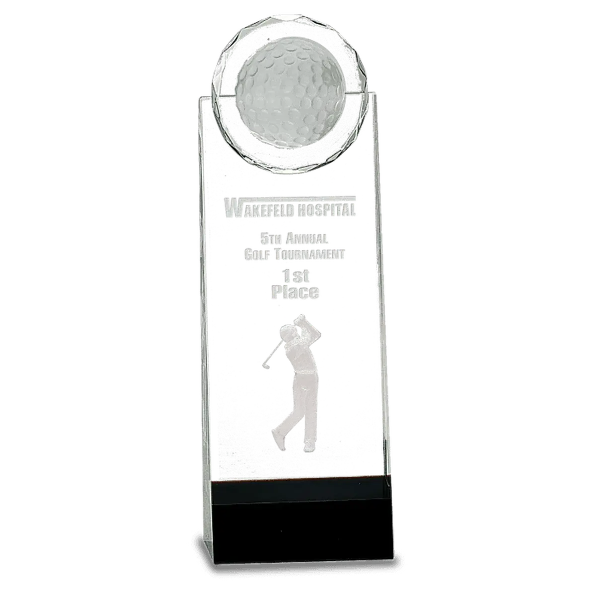 Crystal Golf Awards – Premium Recognition Trophies Crystal Oblong with Inset Golf Ball / 5 1/2"(W) x 6"(H) / Black