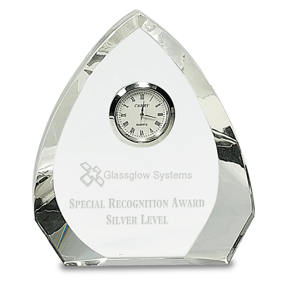Laser Etched Crystal Desk Clocks – Personalized Awards, Gifts & Home Decor Clear Crystal Arch with Silver Trim / Alarm Clock / 5" x 3 1/4"