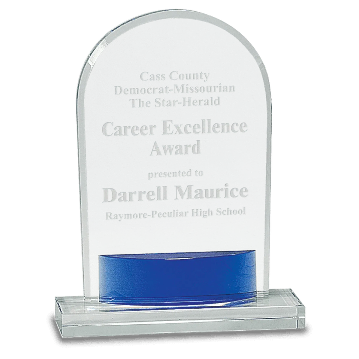 Laser Etched Crystal Awards with Vivid Blue Accents Rectangle Crystal / 7 3/4" / Clear