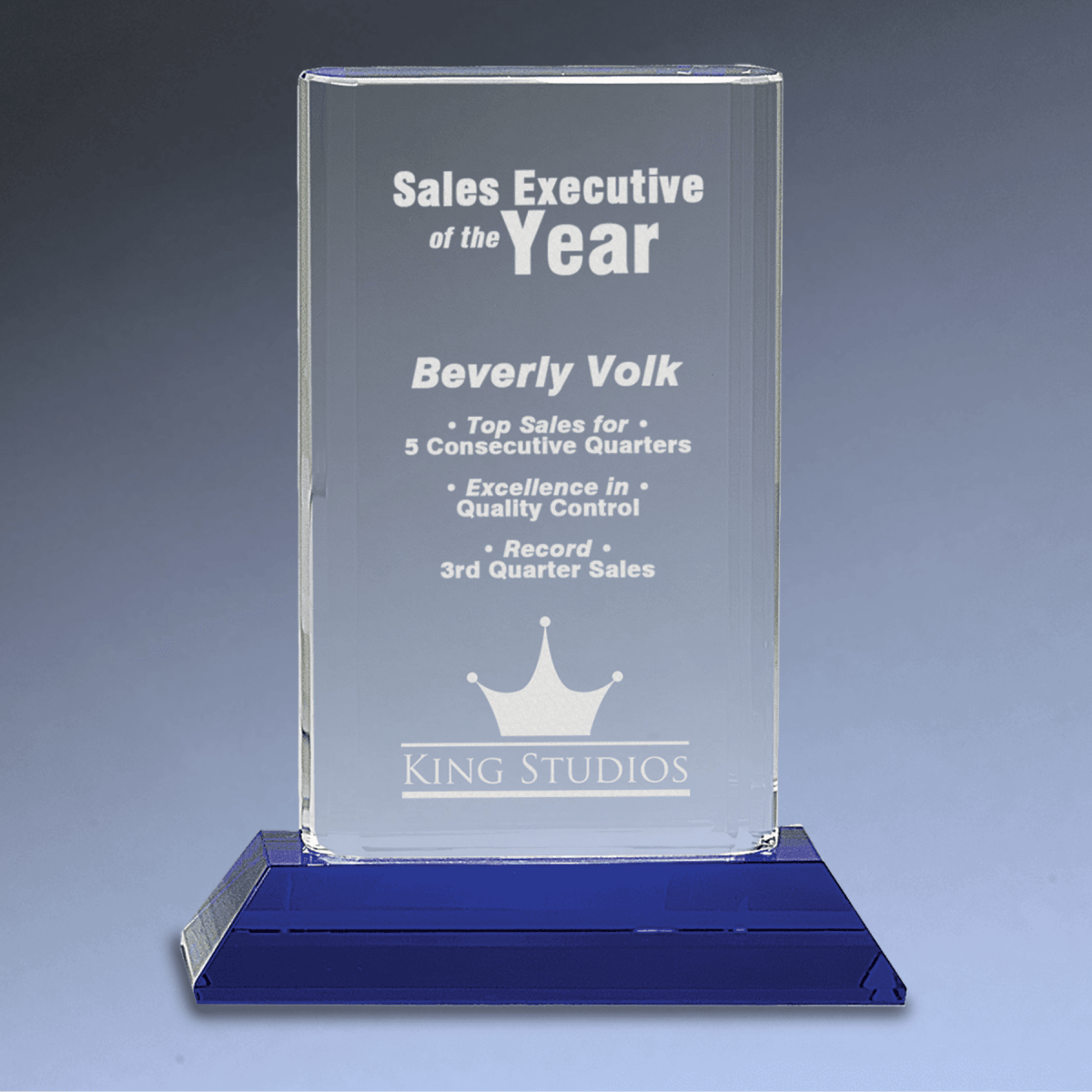 Crystal Cylinder Award on Blue Pedestal Base - 5 3/4"(L) x 7 3/4"(H)