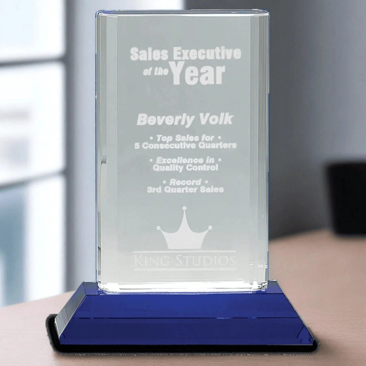 Crystal Cylinder Award on Blue Pedestal Base - 5 3/4"(L) x 7 3/4"(H)