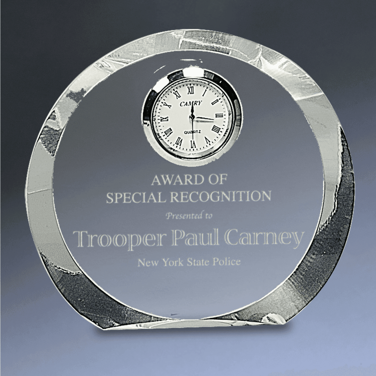 Crystal Desk Clocks – Personalized Awards, Gifts & Home Decor - Clear Crystal Round with Silver Trim