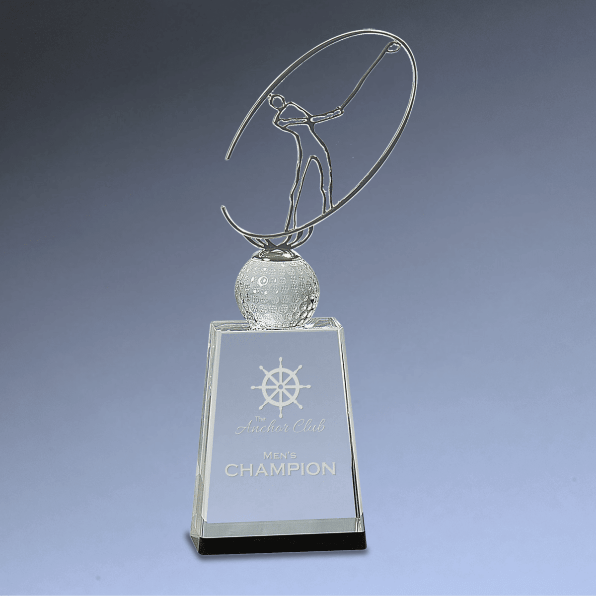 Crystal Golf Awards – Premium Recognition Trophies - Silver Metal Oval Figure on Diamond Riser and Pedestal Base