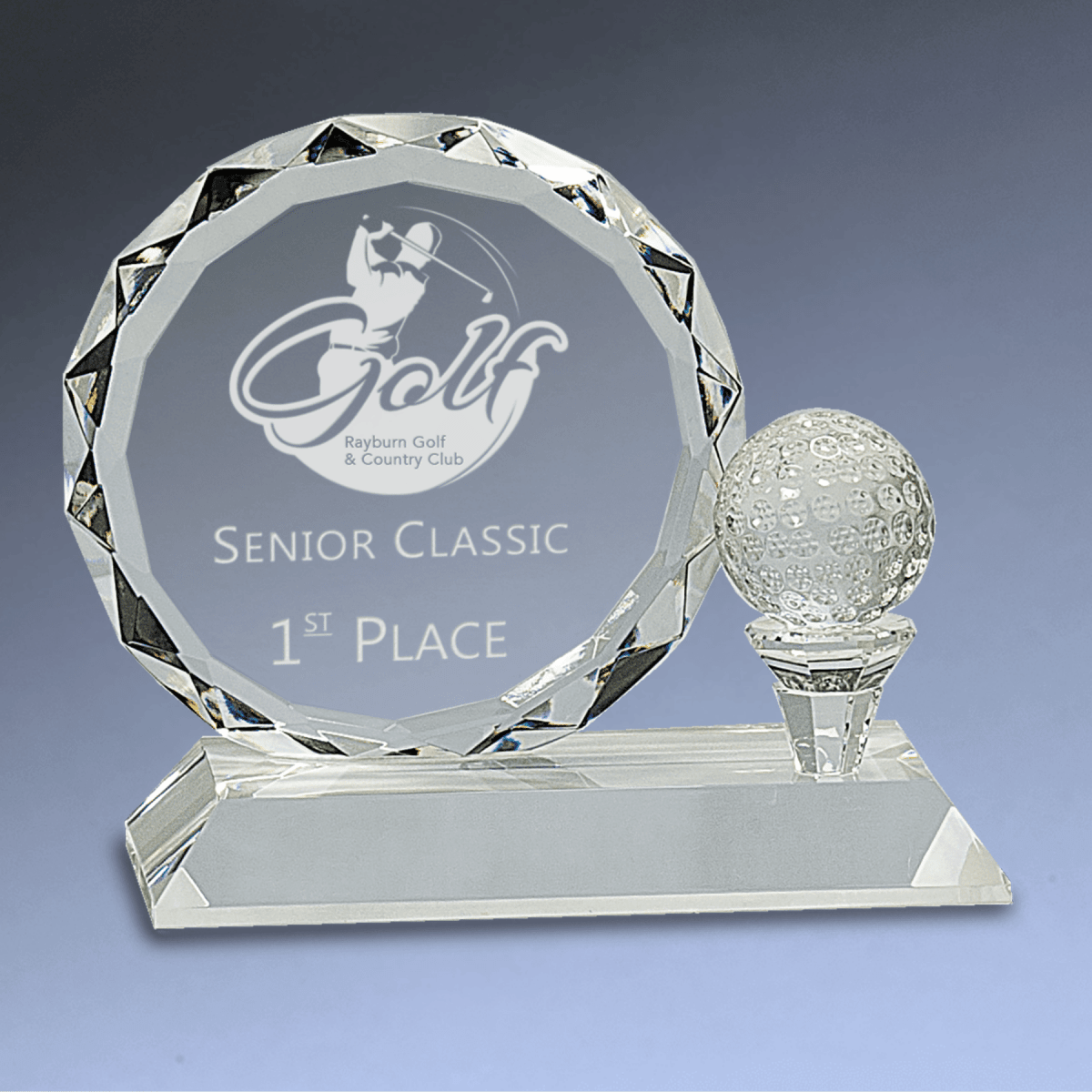 Crystal Golf Awards – Premium Recognition Trophies - Round Facet Crystal with Golf Ball and Tee