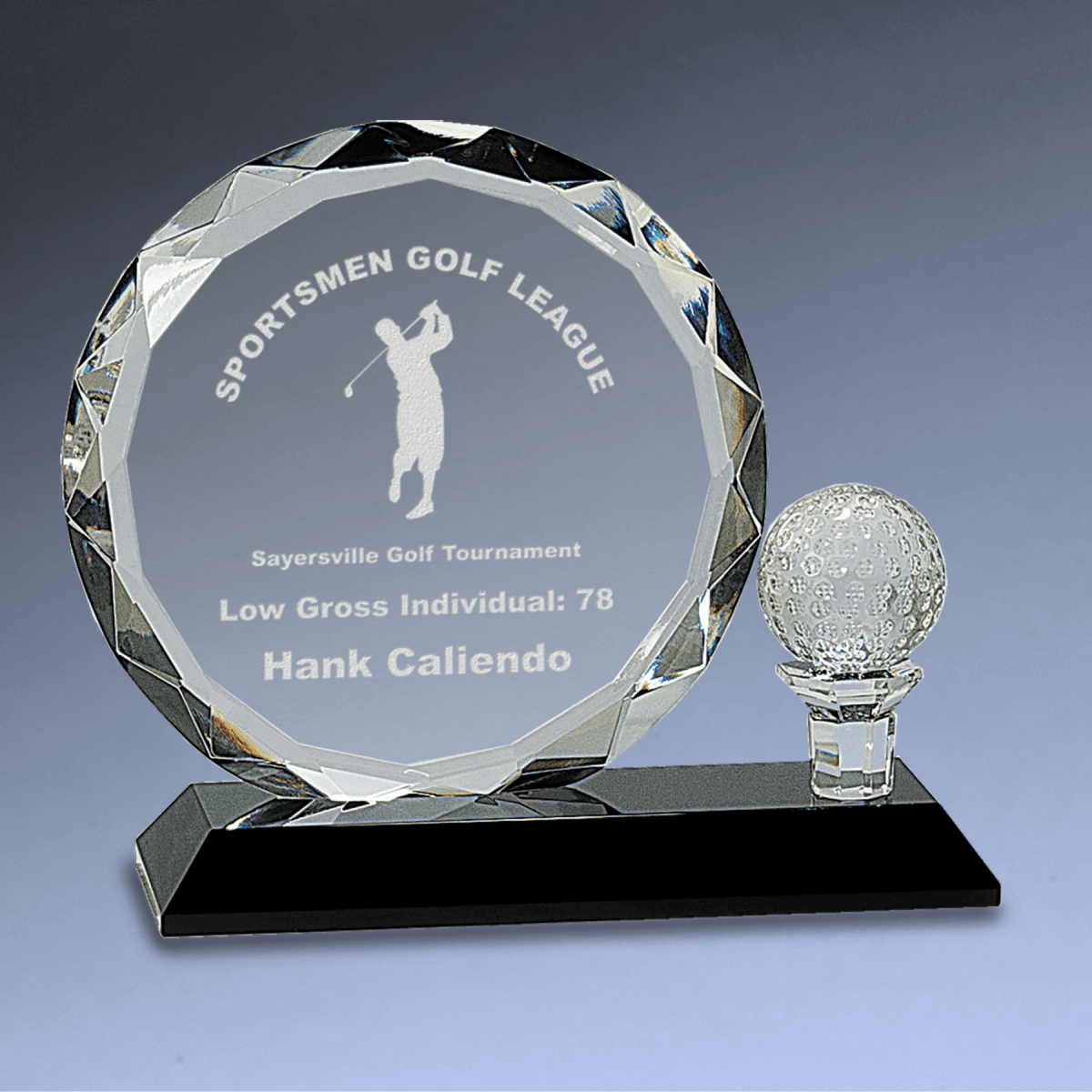 Crystal Golf Awards – Premium Recognition Trophies - Round Facet Crystal with Golf Ball and Tee