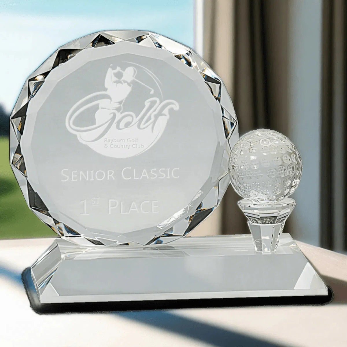Crystal Golf Awards – Premium Recognition Trophies - 3D Etched Golf Green Scene on Crystal Tablet