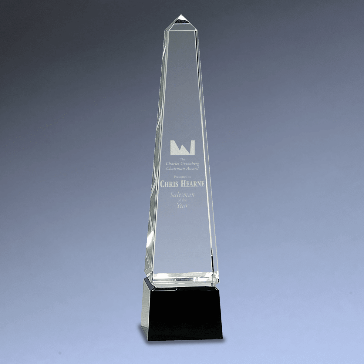 Crystal Obelisk Award with Black Crystal Pedestal Base - 12"