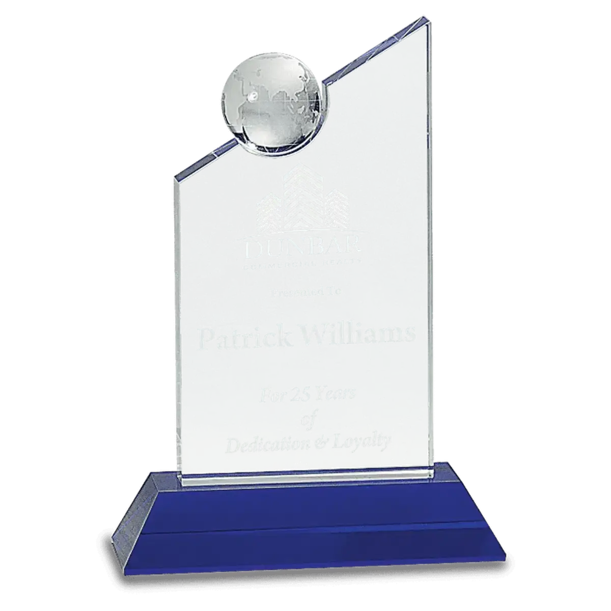 Laser Etched Crystal Globes – Awards, Paperweights and Gifts Crystal Slant with Inset Globe / Clear Globe/Blue Base / 8 1/4"