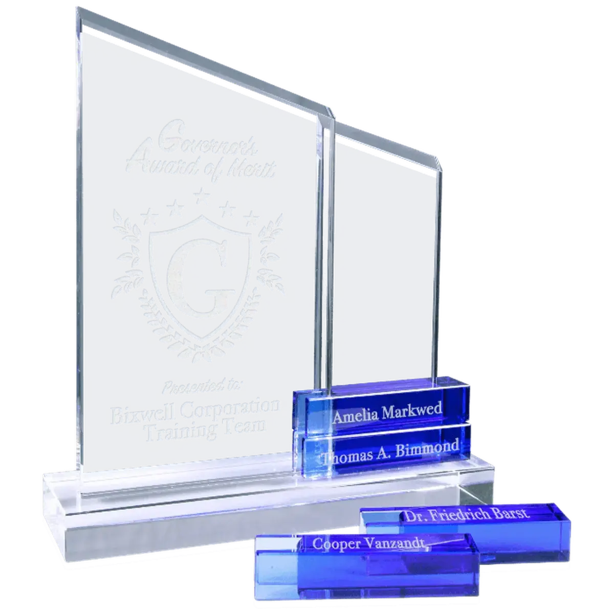 Crystal Perpetual Stand Up Plaque with 4 Crystal Blocks Blue