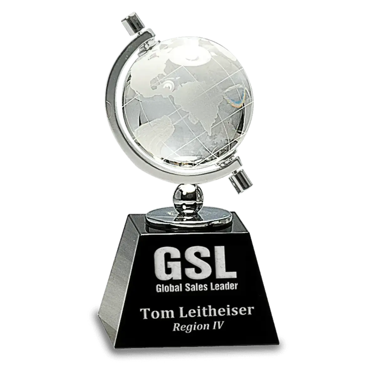 Laser Etched Crystal Globes – Awards, Paperweights and Gifts Spinning Globe / Black Crystal Base / 6"