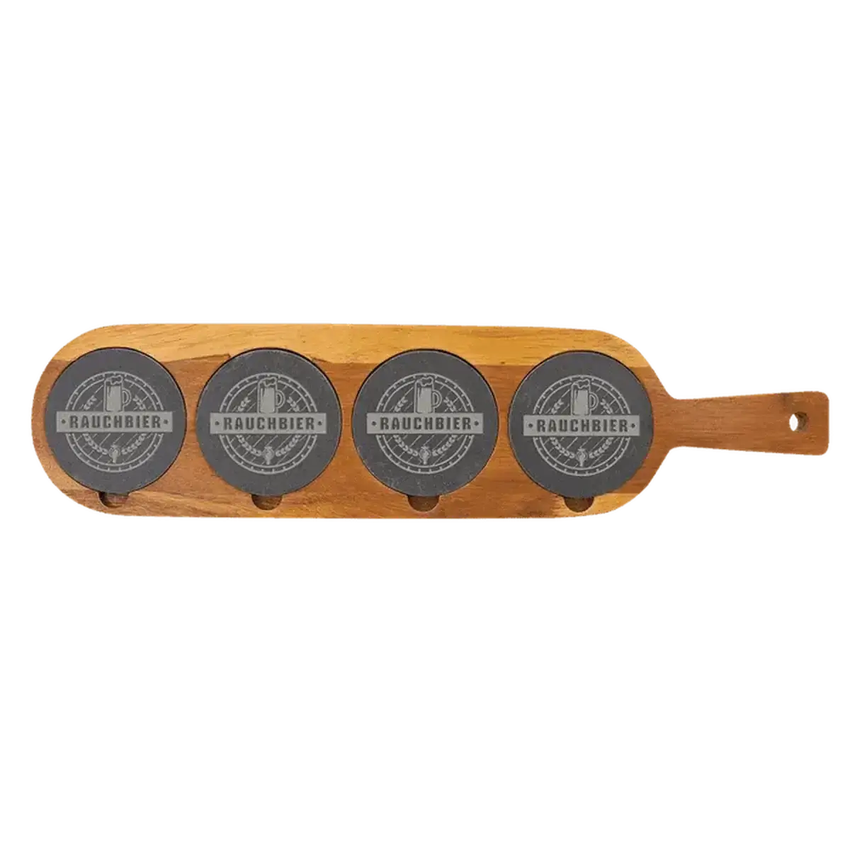 Personalized Acacia Wood Serving and Tasting Board with Slate Coasters 18 1/2" x 4 1/4"