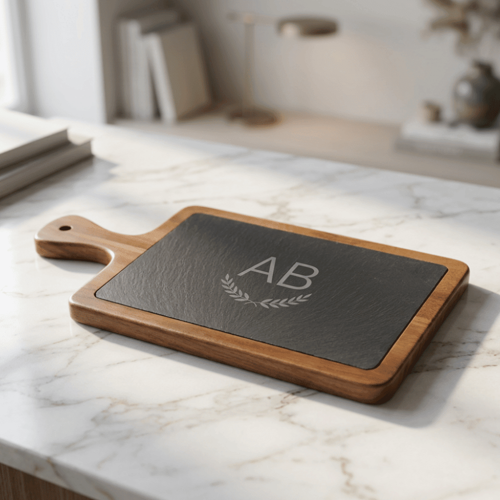 Custom Engraved Acacia & Slate Charcuterie Board with Paddle Handle -