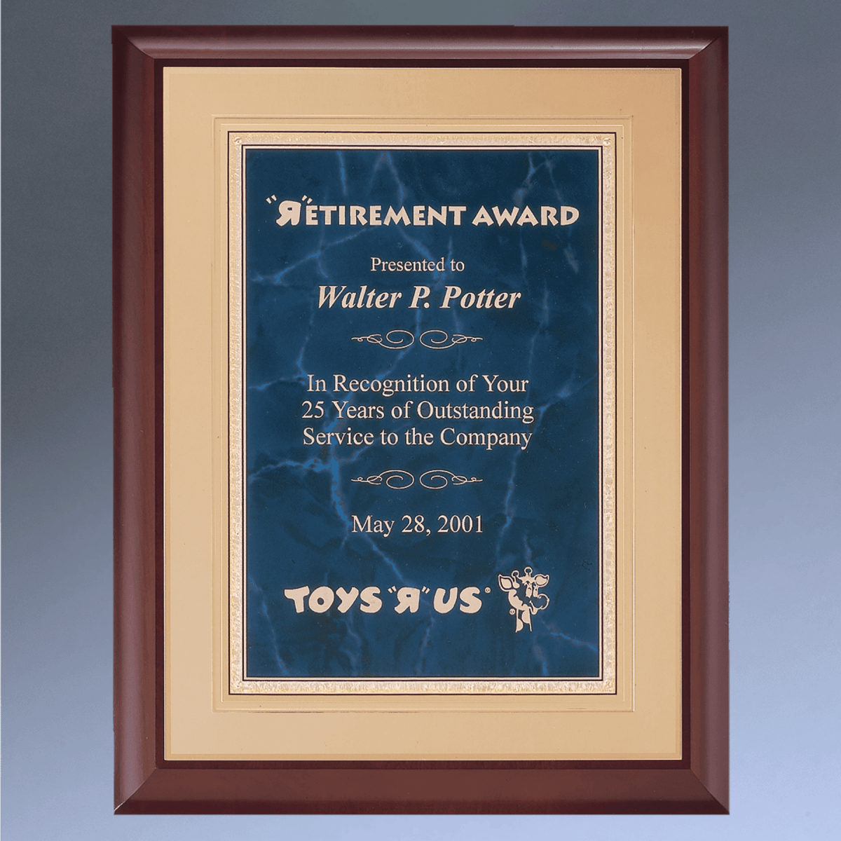 Custom Engraved Cherry Wood Framed Recognition Plaque - Sapphire (Marbelized)
