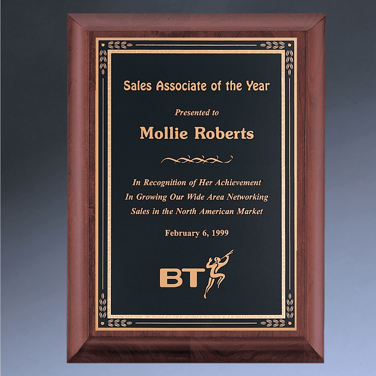 Custom Engraved Cherry Wood Recognition Plaque – Made in the USA - Black Florentine Border