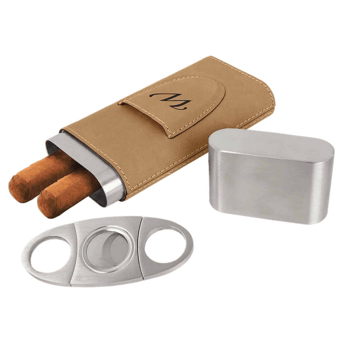 Custom Engraved Cigar Cases with Cutter in Leatherette - Light Brown