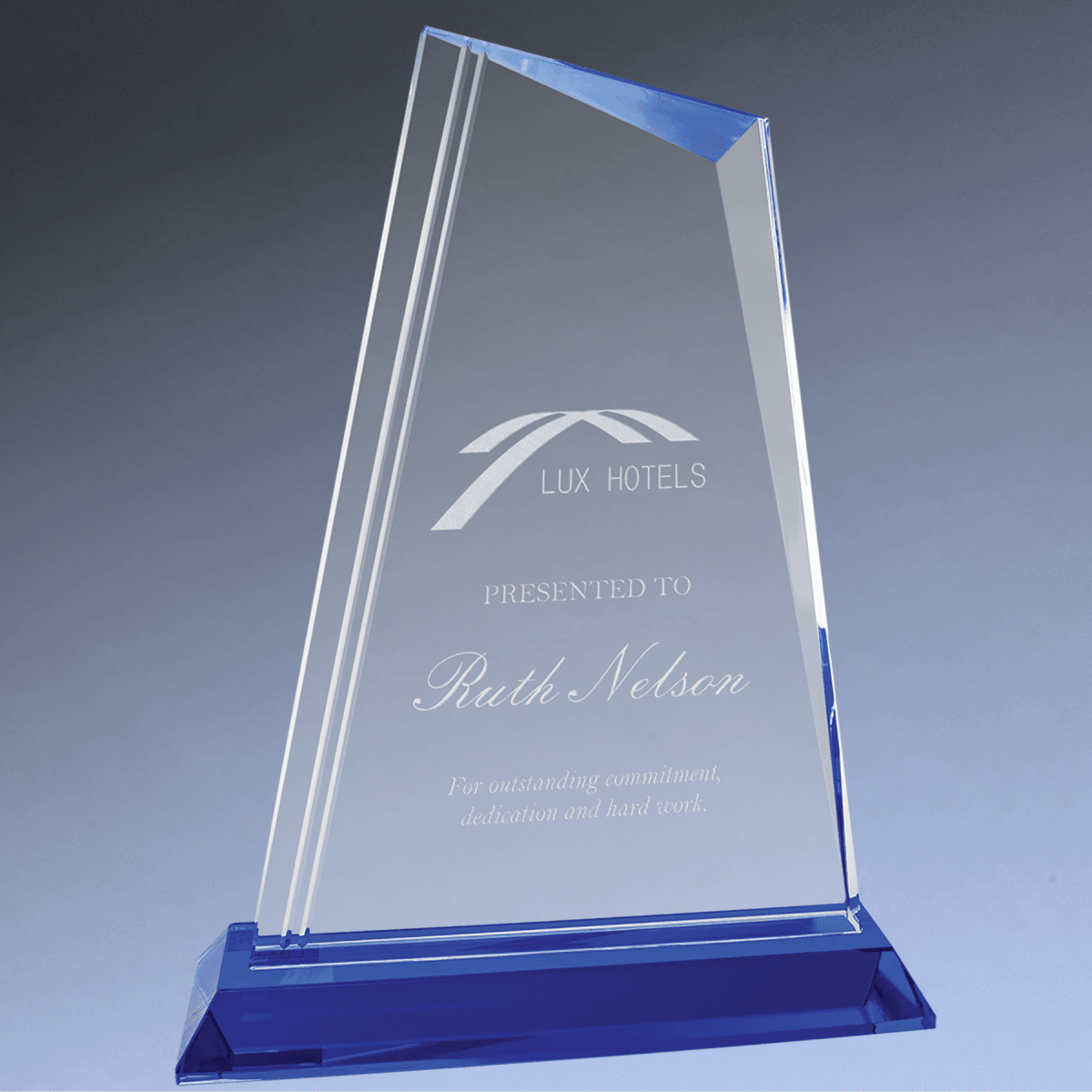 Custom Engraved Crystal Peak Awards with Blue Crystal Base - 9 3/4"