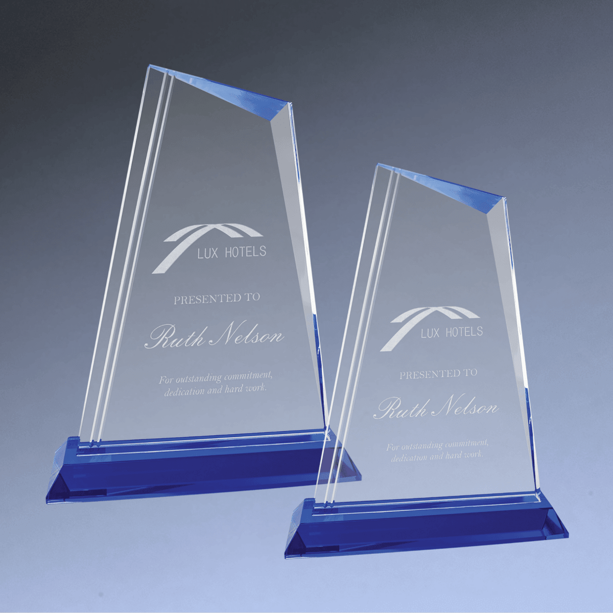 Custom Engraved Crystal Peak Awards with Blue Crystal Base - 7 3/4"