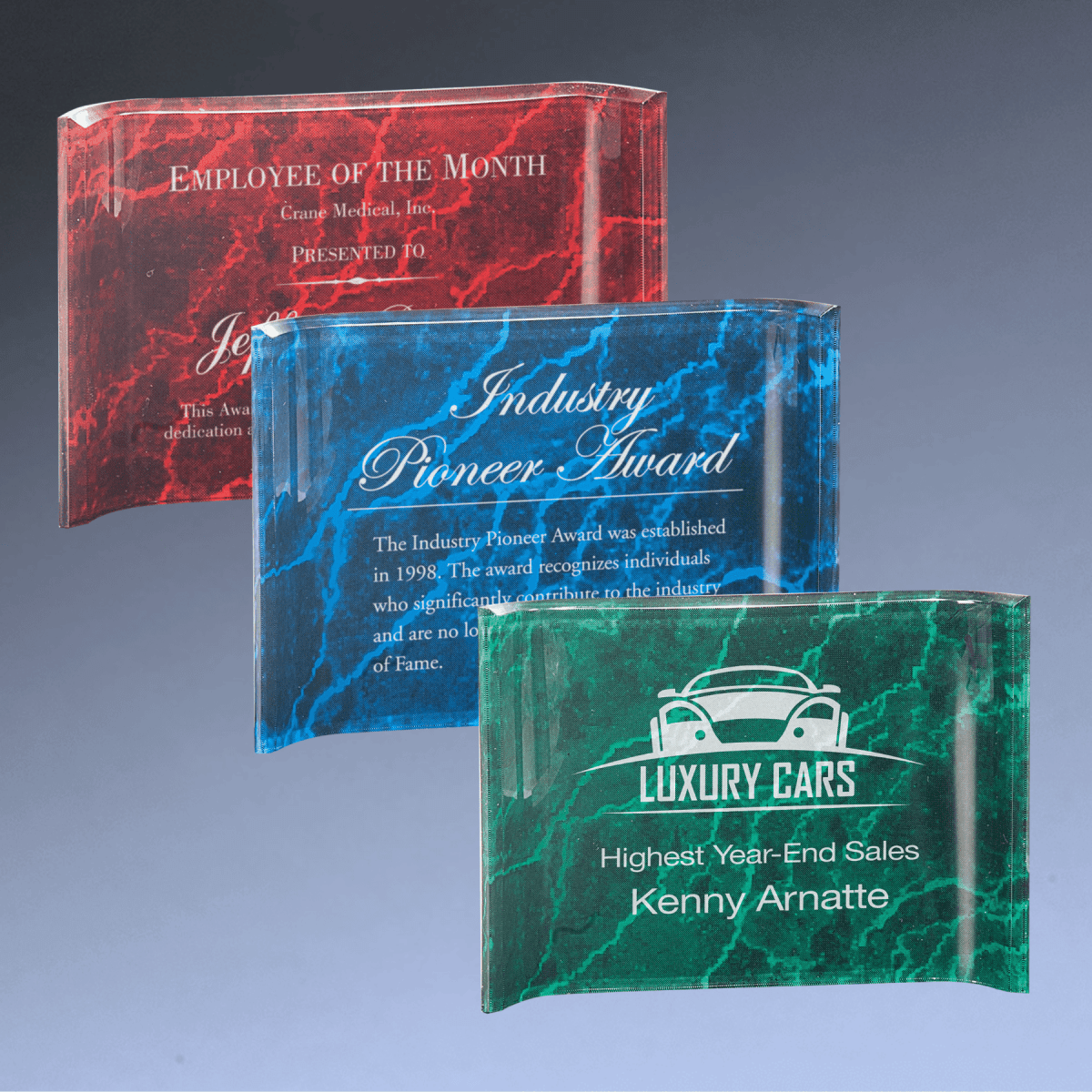 Custom Engraved Marbleized Acrylic Crescent Awards – 1" Thick Acrylic - Blue
