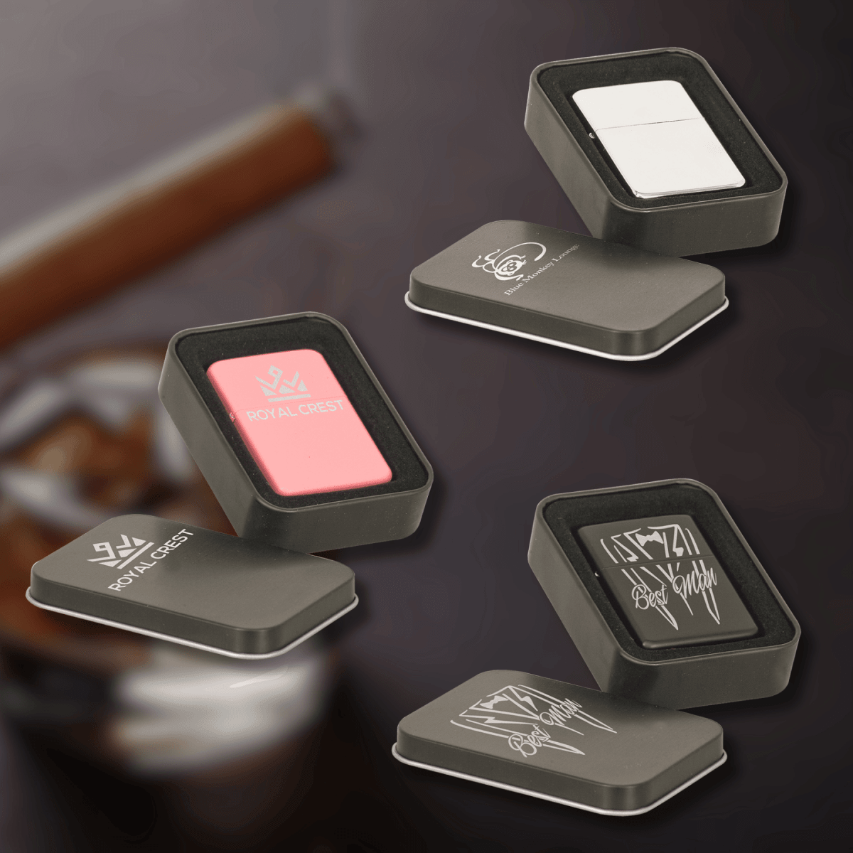 Custom Engraved Metal Lighters with Black Tin – Chrome, Black or Pink - Matte Black