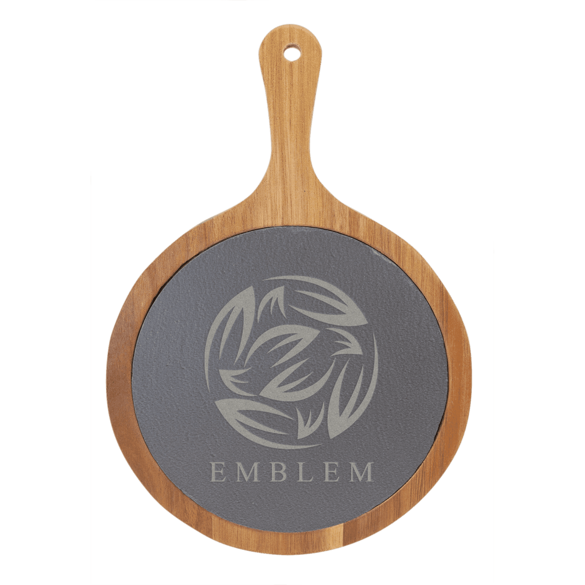 Custom Engraved Round Acacia Wood and Slate Cutting Board with Handle - 8 1/4" x 12 1/4"