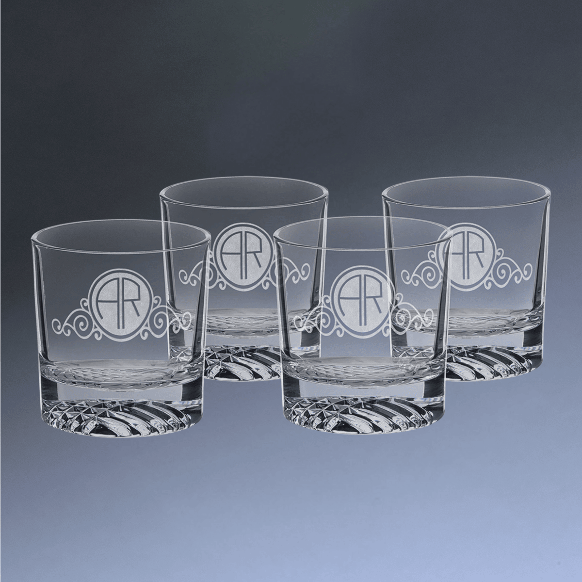 Custom Engraved Whiskey Glasses - Set of 4 Boxed Gift Set - Rounded Diamond Cut Bottom