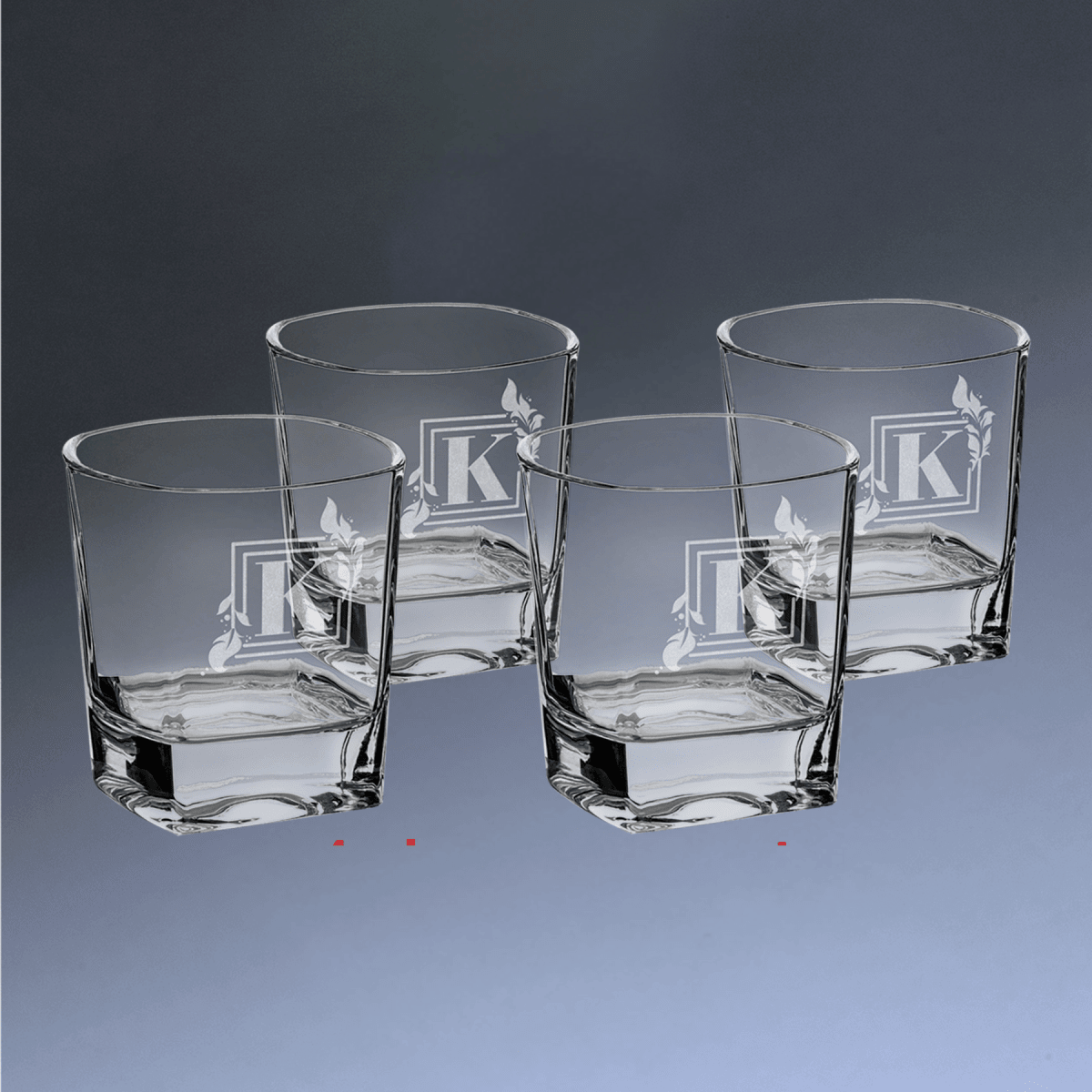 Custom Engraved Whiskey Glasses - Set of 4 Boxed Gift Set - Square Diamond Cut Bottom