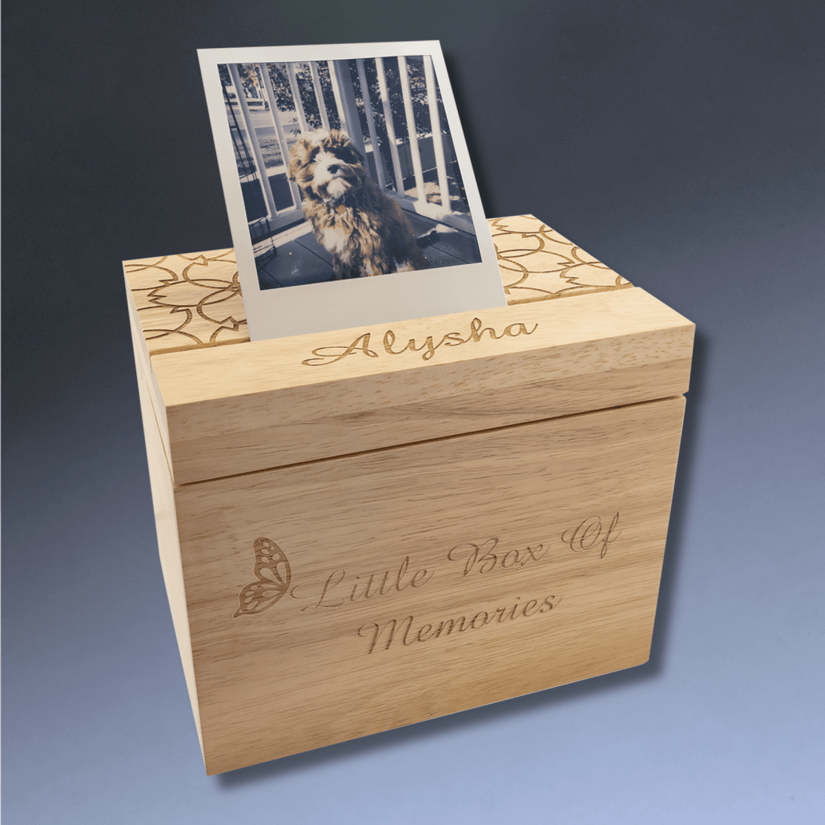 Custom Engraved Wood Keepsake and Photo Box - 6 5/8" (L) x 4 7/8" (W) x 5 1/2" (H)