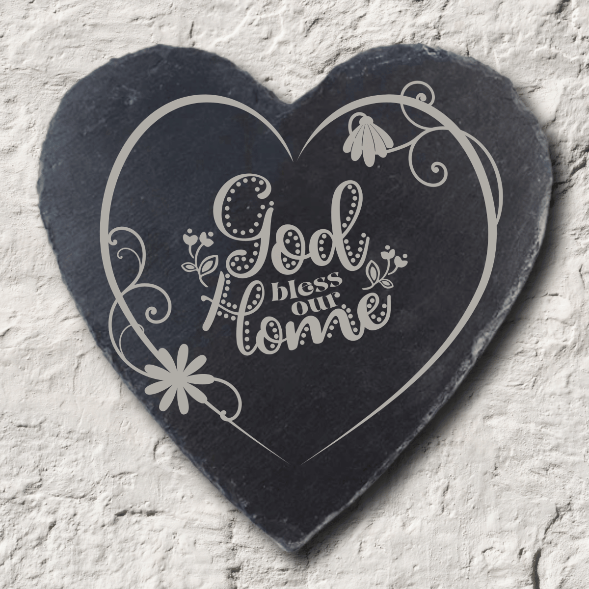 Custom Heart-Shaped Slate Plaque with Personalized Engraving God Bless Our Home / 10" x 10"