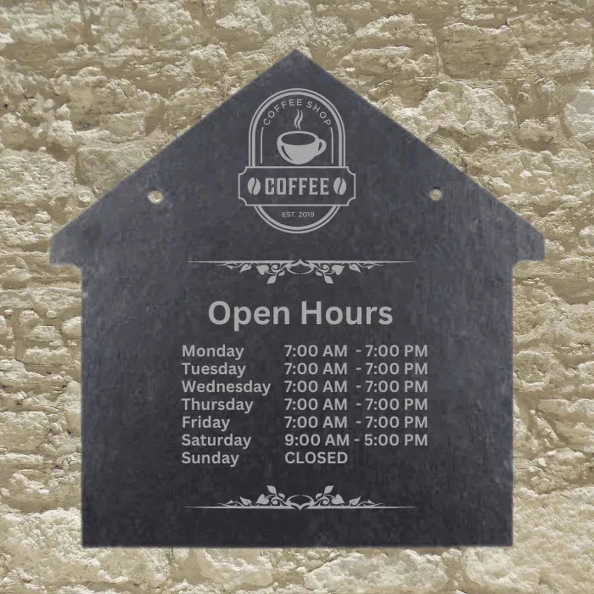 Engraved House-Shaped Slate Plaques - Customizable Welcome Signs 8" x 8" / Store Hours