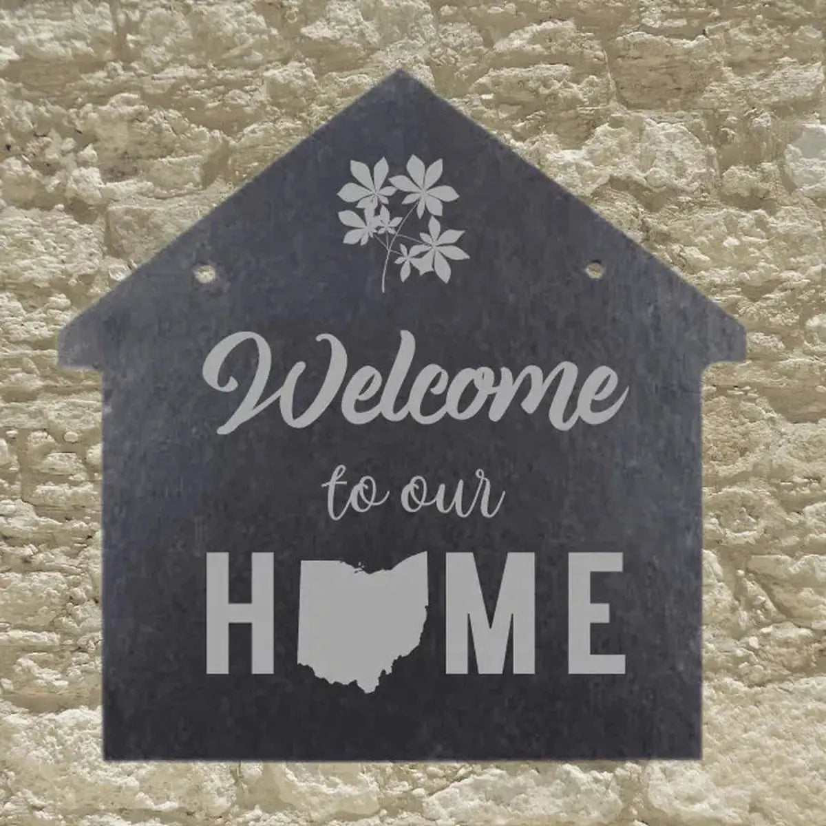 Engraved House-Shaped Slate Plaques - Customizable Welcome Signs 8" x 8" / Welcome Home Ohio Sign