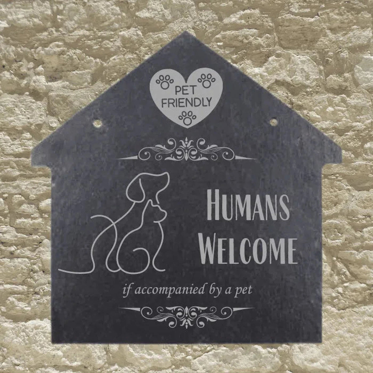 Engraved House-Shaped Slate Plaques - Customizable Welcome Signs 8" x 8" / Pets Welcome