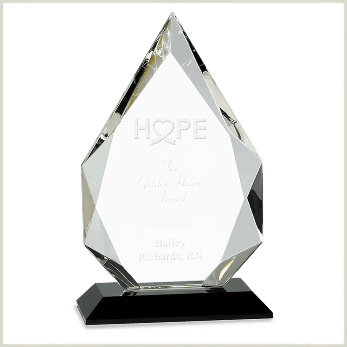Laser Etched Crystal Diamond Awards with Faceted Edges and Base Blue / 8"