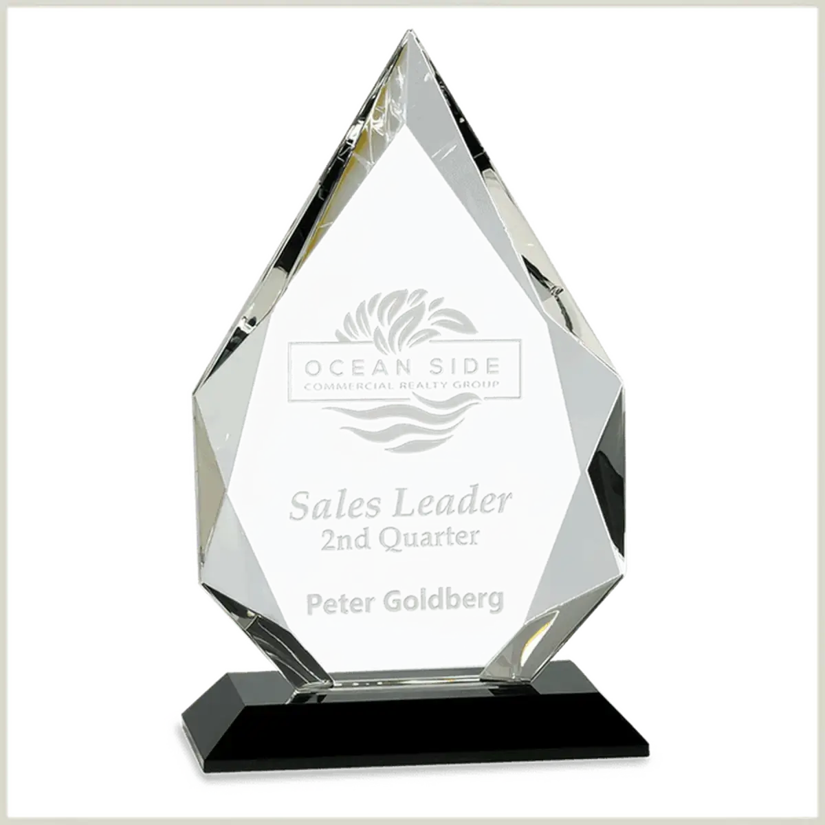 Laser Etched Crystal Diamond Awards with Faceted Edges and Base Blue / 8"