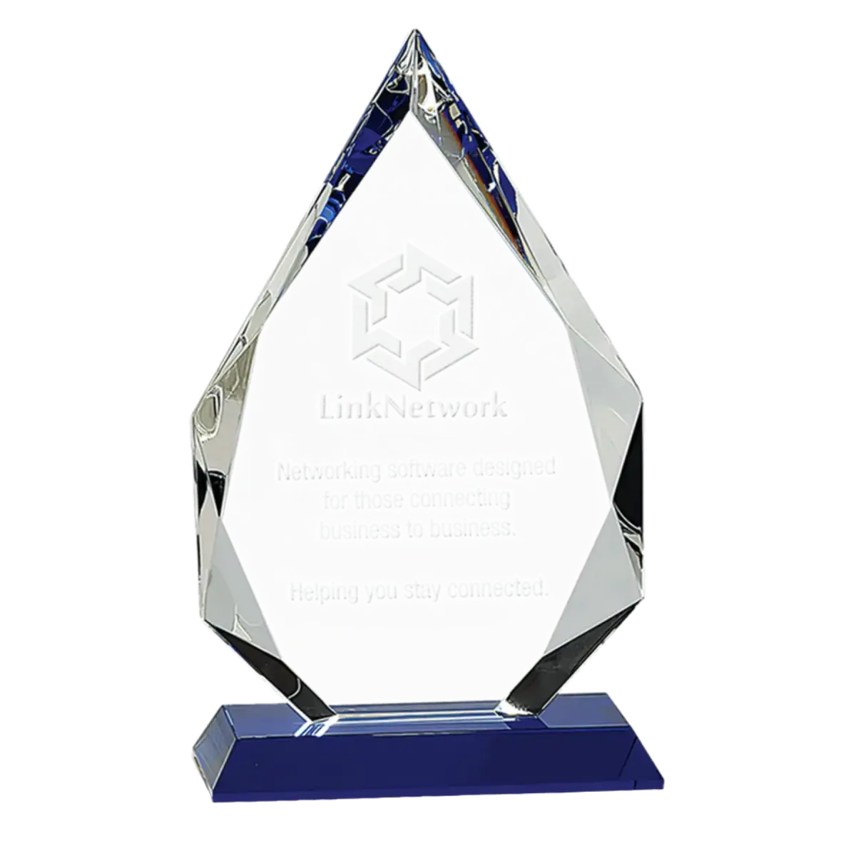 Laser Etched Crystal Diamond Awards with Faceted Edges and Base Blue / 8"