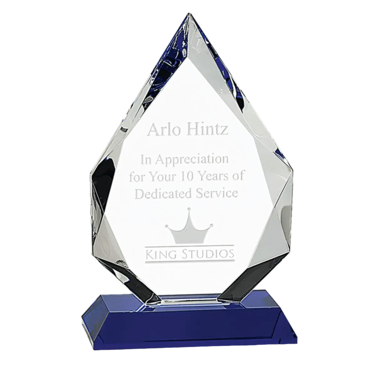 Laser Etched Crystal Diamond Awards with Faceted Edges and Base Blue / 8"
