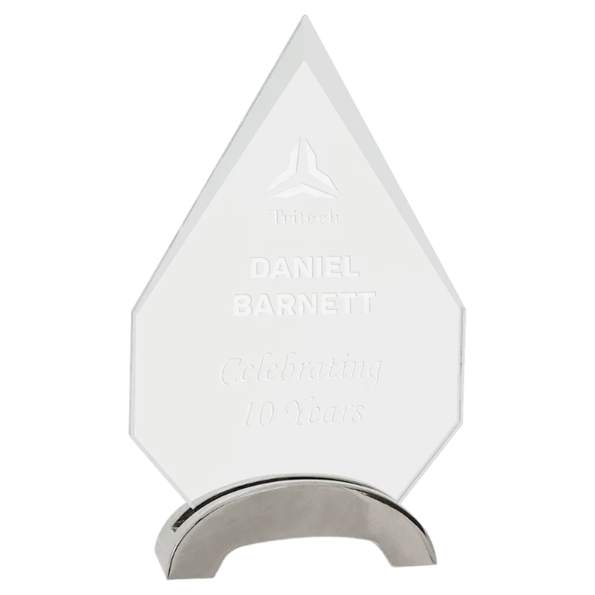 Platinum Glass Awards on Silver Aluminum Base – Custom Engraved Diamond / Arch Metal / 7 1/2"