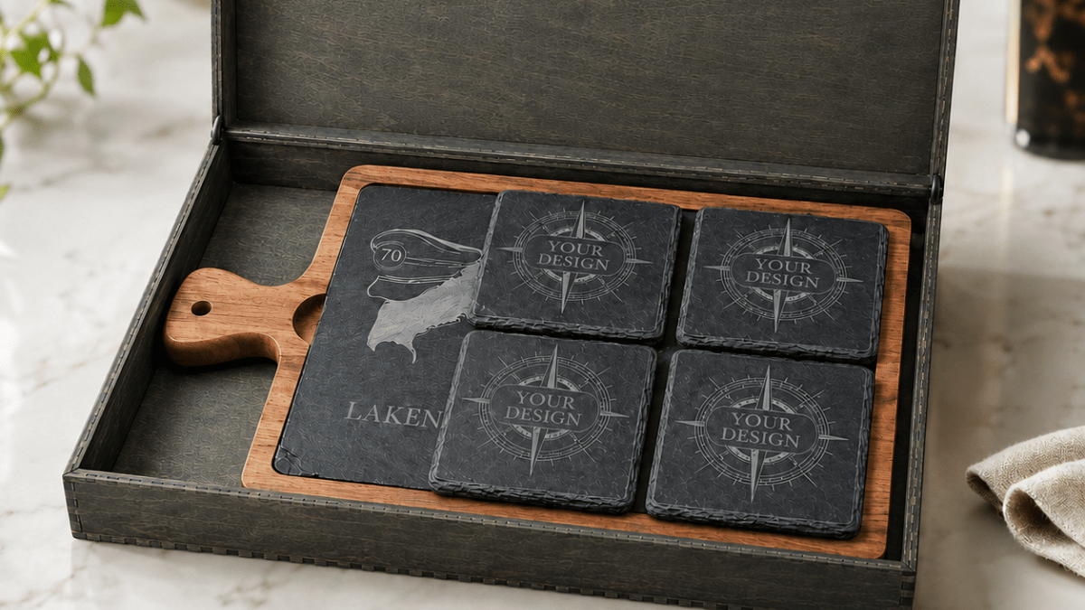 Engraved Acacia & Slate Charcuterie Board Gift Set with Coasters -