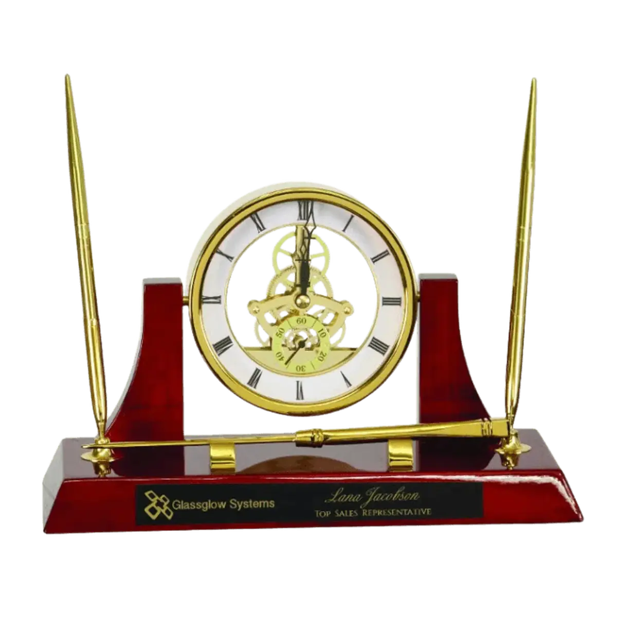 Custom Engraved Desk and Mantle Clocks with High Gloss Piano Finish Executive Clock Set with Pen (Rosewood Piano Finish) / 10 1/2" x 6" / 2 Black Pens and Letter Opener - Gold Accents