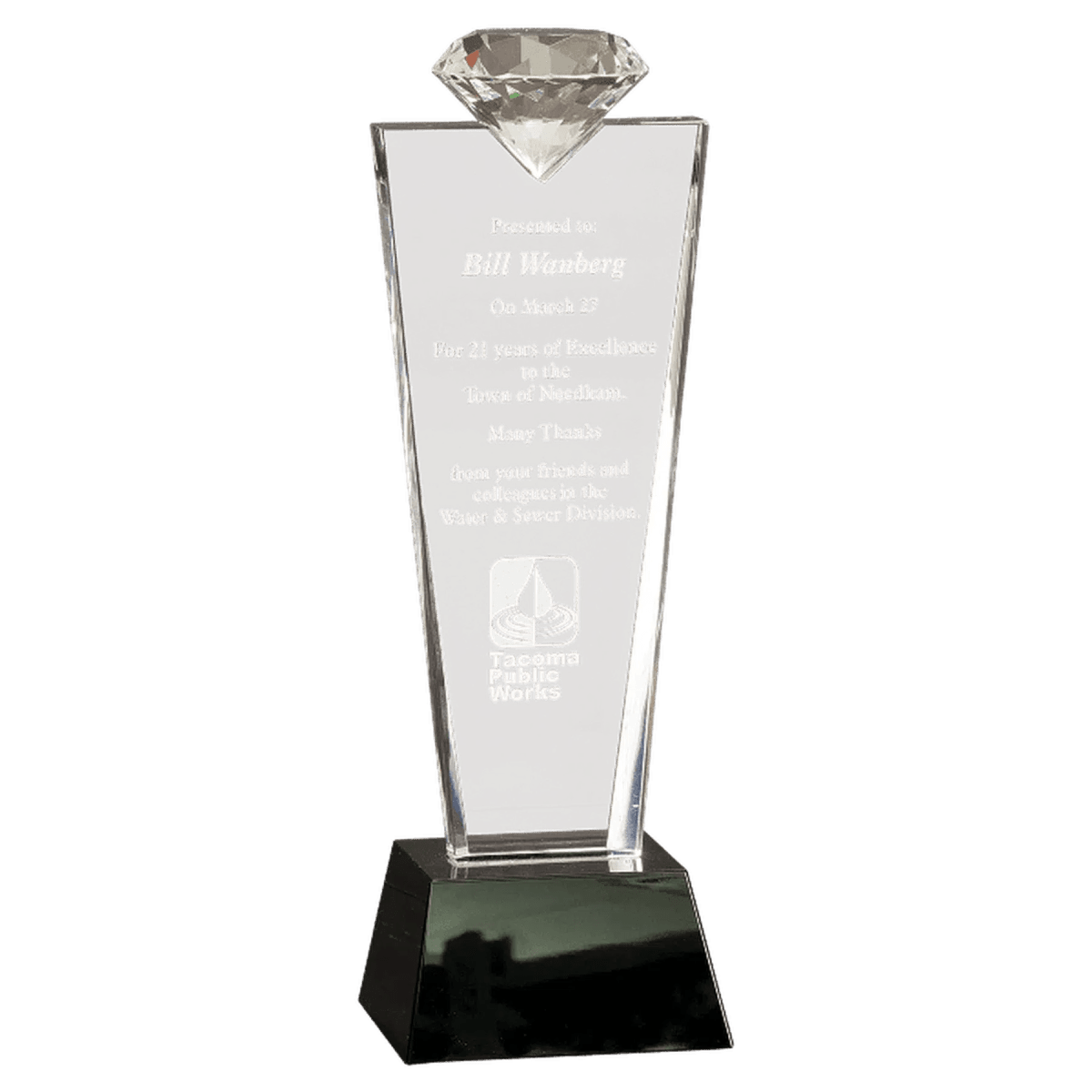 Faceted Crystal Diamond Top Award on Black Pedestal Base - 3 1/4"(W) x 11"(H)